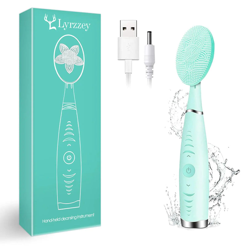 Sonic Facial Cleansing Brush Lyrzzey Portable Handled Face Cleansing Brush with 5 Adjustable Speeds Vibrating Rechargeable Face Cleansing Brush for Deep Cleaning Gentle Exfoliating Massaging(Blue)