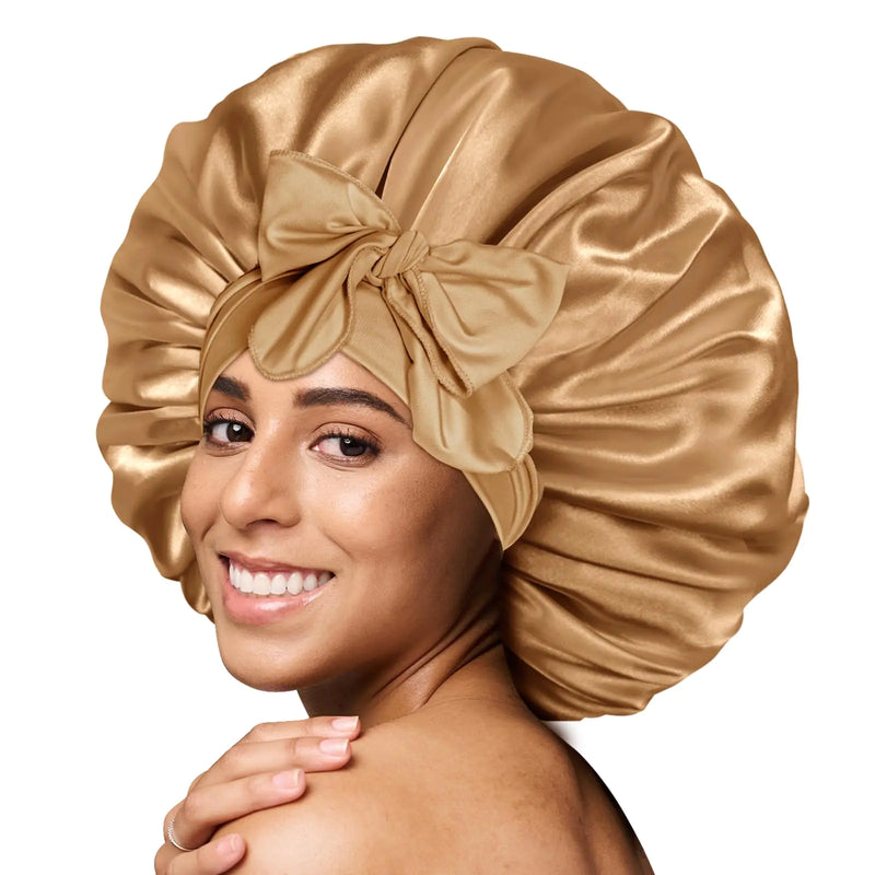 BONNET QUEEN Large Satin Bonnet Silk Bonnet for Sleeping Women Hair Bonnet Big Bonnet Night Sleep Cap Scarf Wrap for Curly Hair with Tie Band Yellow Gold