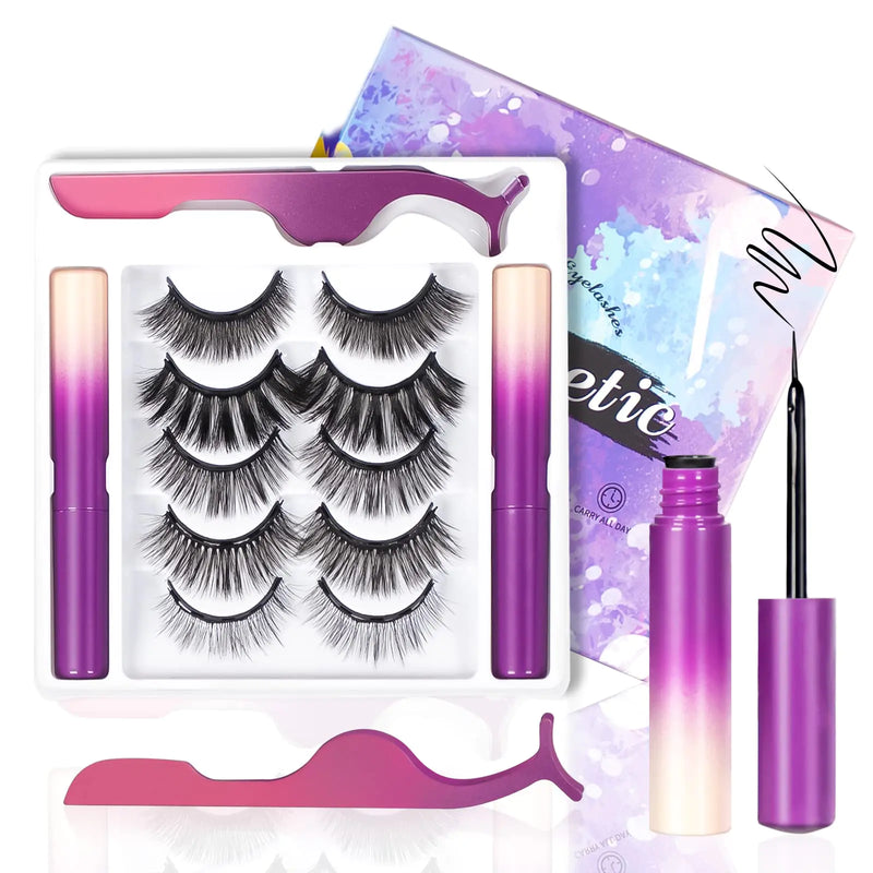 Magnetic Eyelashes Kit Long Lasting and Reusable Magnetic lashes Natural Look 14 Pairs False Eyelashes with Magnetic Eyeliner & Tweezers Easy to Wear No Glue Needed (5 Pairs)