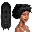 Abeillo Long Satin Bonnet for Women Sleeping Silk Bonnet Large Hair Cap Silk Hair Bonnet with Tie Band for Braids Curly Hair (Black)