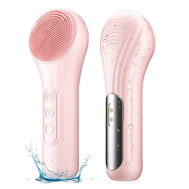 Silicone Face Scrubber Facial Cleansing Brush with Heating and Vibration Electric Waterproof Face Wash Brush with 5 Strength Adjustable for Exfoliating Deep Cleaning and Face Massaging (Pink)