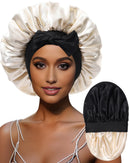 Large Satin Bonnet Silk Bonnet for Sleeping Women Curly Hair Bonnet with Tie Band Reversible Double Layer Bonnet Sleep Cap (Black + Champagne)