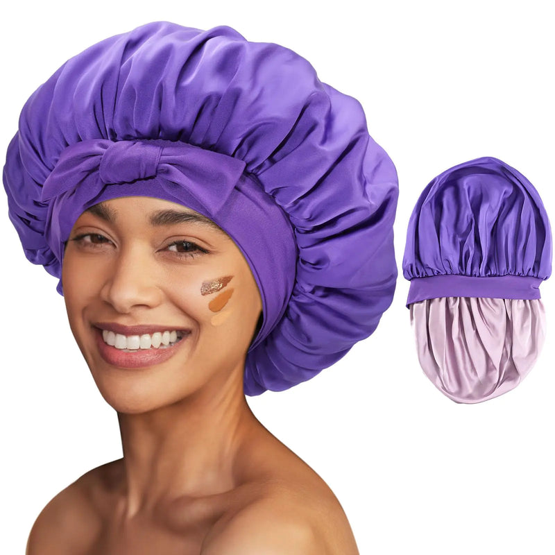 Lolalet Silk Bonnet for Sleeping Women Double Layer Satin Hair Bonnet Cap with Tie Band Reversible Bonnets for Dreadlocks Afro Braids Curly -Purple