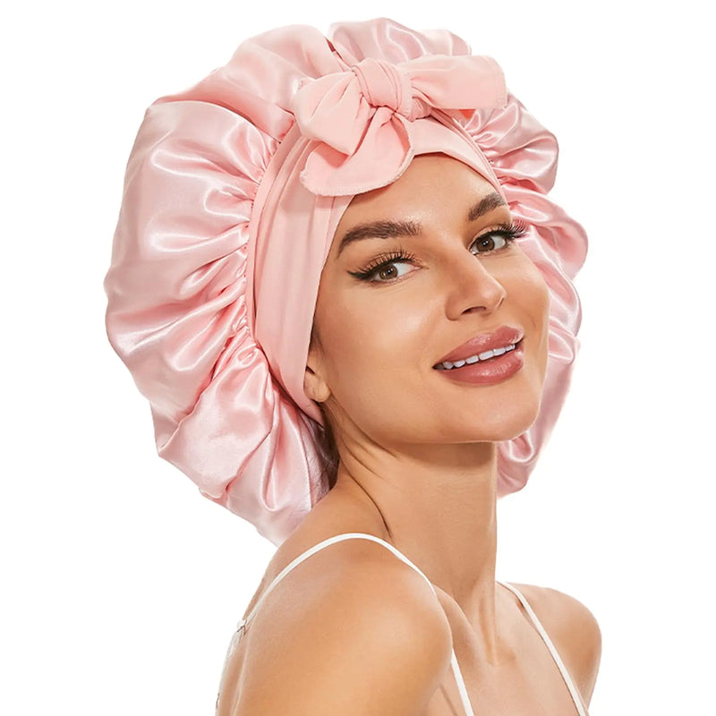 Large Silk Bonnet for Sleeping Satin Hair Bonnet for Sleeping with Tie Band Double Layer Satin Bonnets for Women Natural Curly Hair