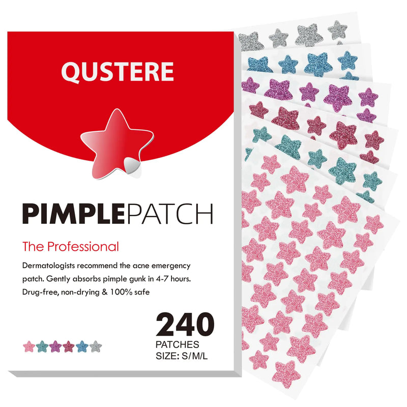 QUSTERE Pimple Patches for Face Hydrocolloid Acne Patches Sparkling Star Zit Covers Colorful Spot Stickers with Tea Tree Salicylic Acid & Cica Oil| 3 Sizes (10mm 12mm & 14mm) |240 Count