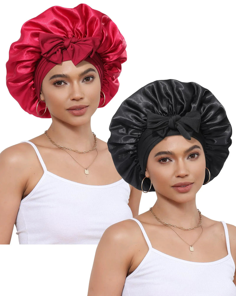 2 PCS Satin Bonnet Hair Bonnet for Sleeping Women Satin Hair Wrap with Elastic Tie Band Sleep Night Cap for Curly Hair (Black+Wine red)
