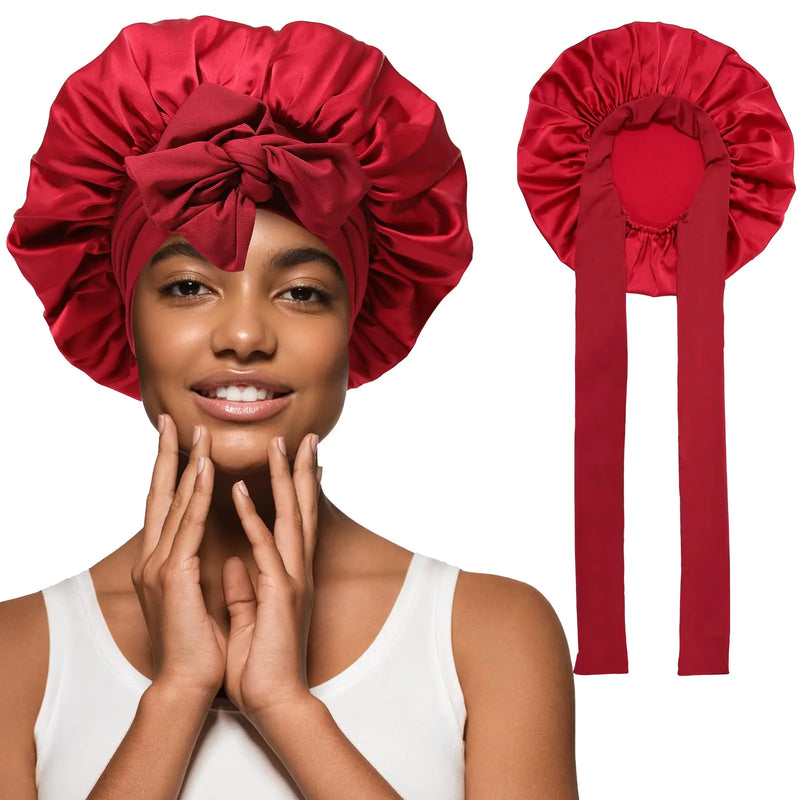 Satin Hair Bonnet Wide Band - Silk Like Sleeping Bonnets for Curly Hair Hair Wrap for Night Cap with Tie Band Breathable Satin Bonnet for Women and Girls (Red)
