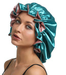 SENGTERM Women Large Satin Bonnet Adjustable Silky Sleep Cap Hair Bonnet Double Layered Reversible for CurlyNatural Hair (XL-ADULT XL Pink-Green)