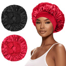 2Pcs Satin Bonnet for Sleeping Silk Hair Wrap for Curly Hair with Elastic Wide Band Black Satin Bonnet for Women SELALU (Black Red)
